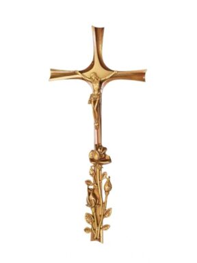 Krzyż mosiężny ciemne złoto z różą 50cm